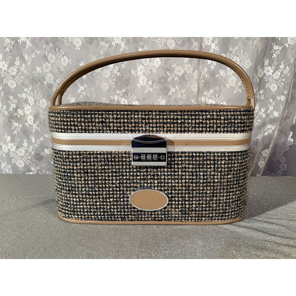 Vintage 60s Skyway Travel Train Case Retro 1960s Tweed Makeup Luggage Combo Lock